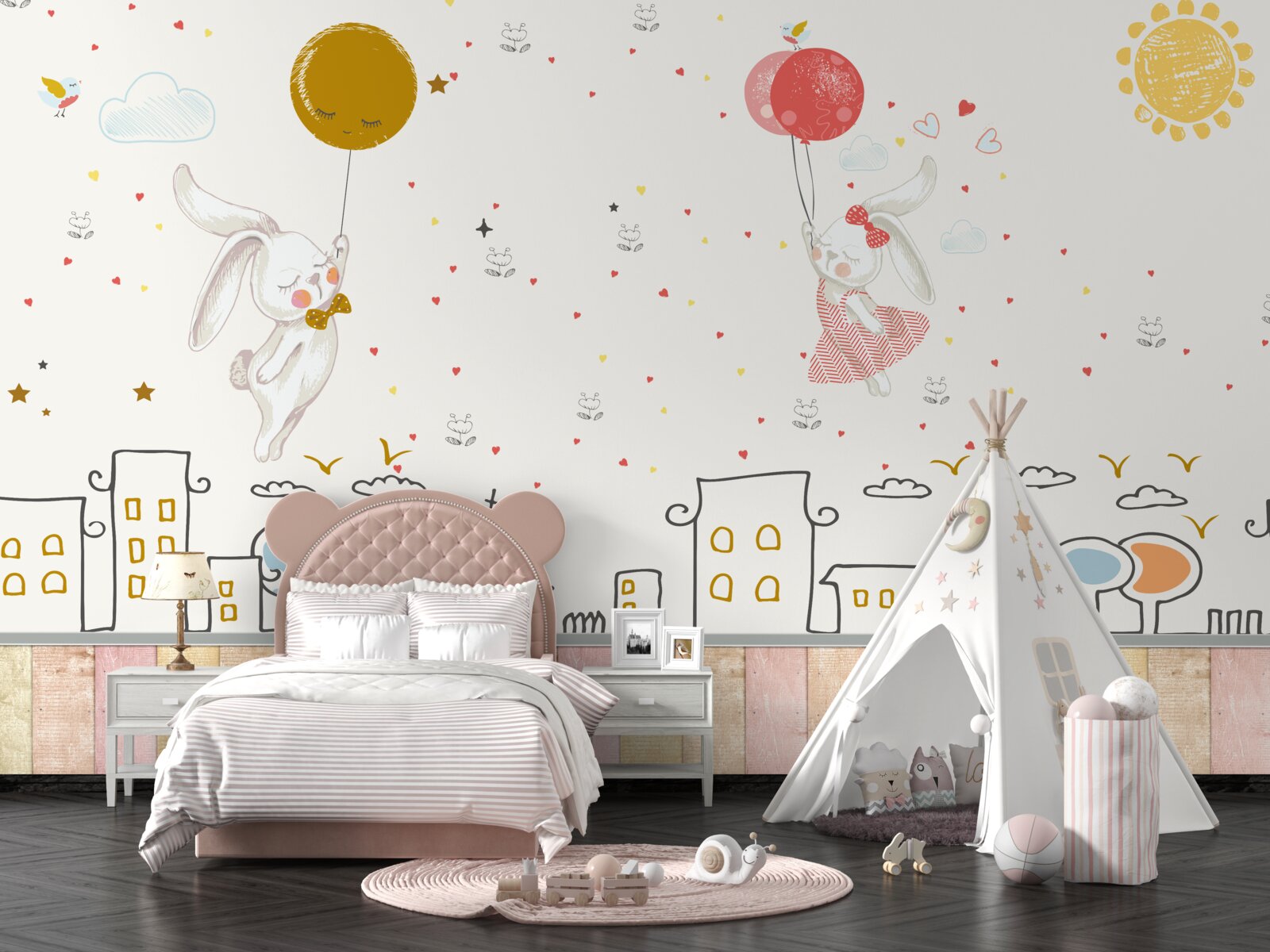 Fotobehang konijnen vliegen over daken met ballonnen