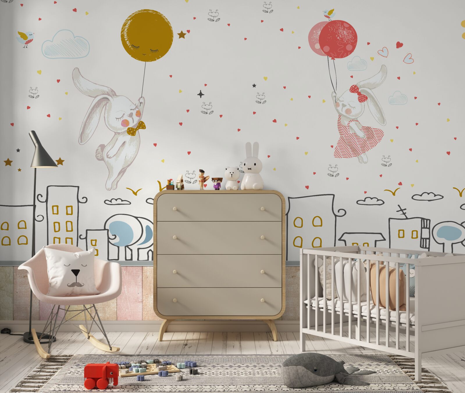 Fotobehang konijnen vliegen over daken met ballonnen