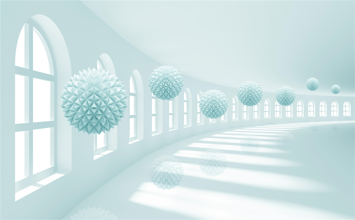 Fotobehang gangpad met ramen en blauwe ballen