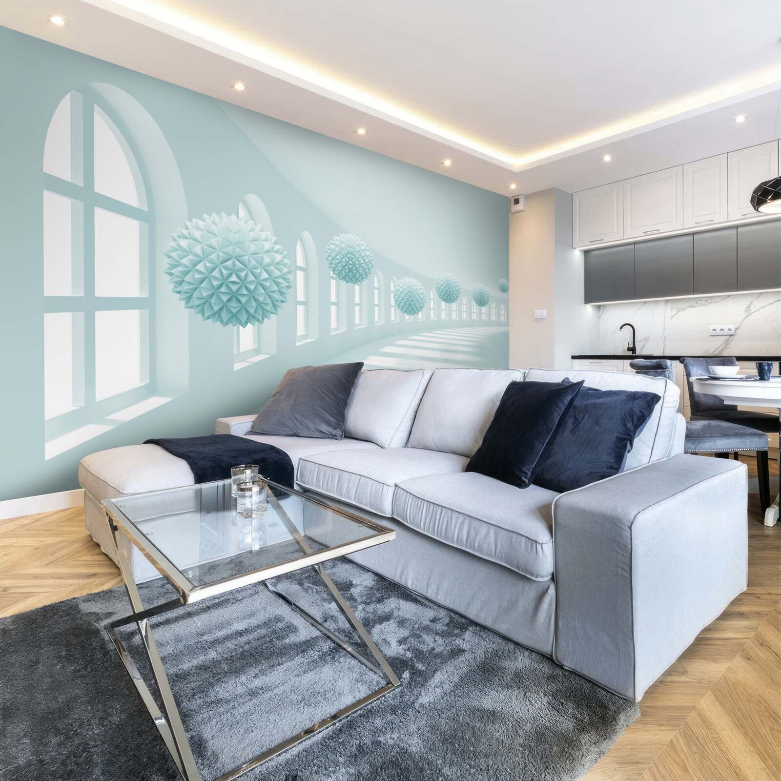 Fotobehang gangpad met ramen en blauwe ballen