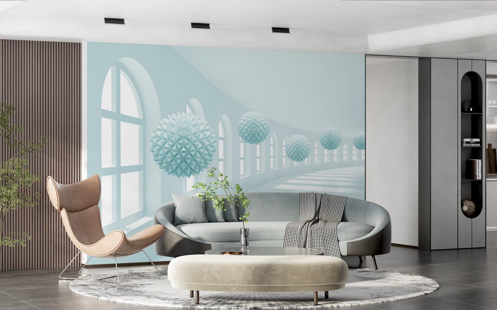 Fotobehang gangpad met ramen en blauwe ballen