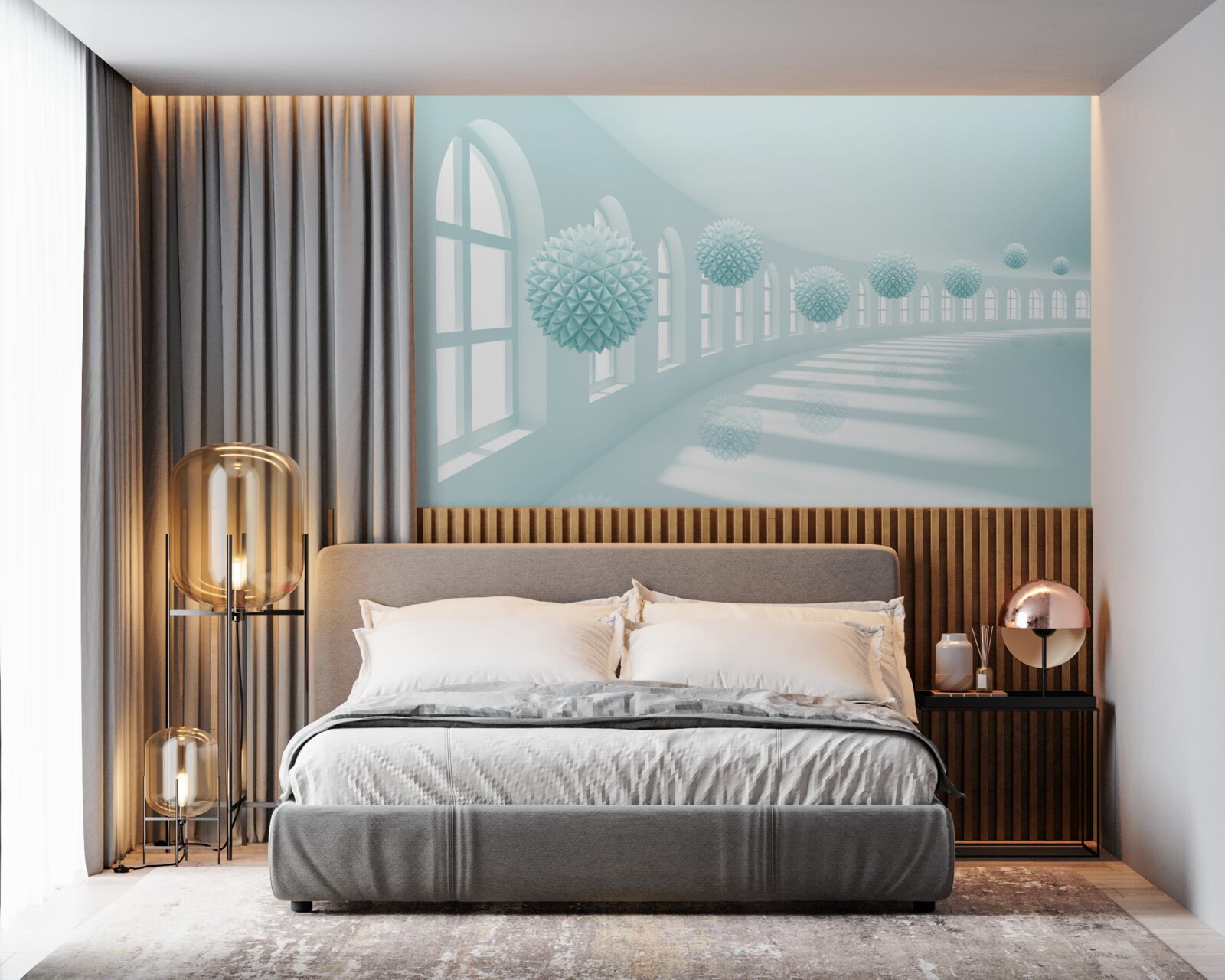 Fotobehang gangpad met ramen en blauwe ballen