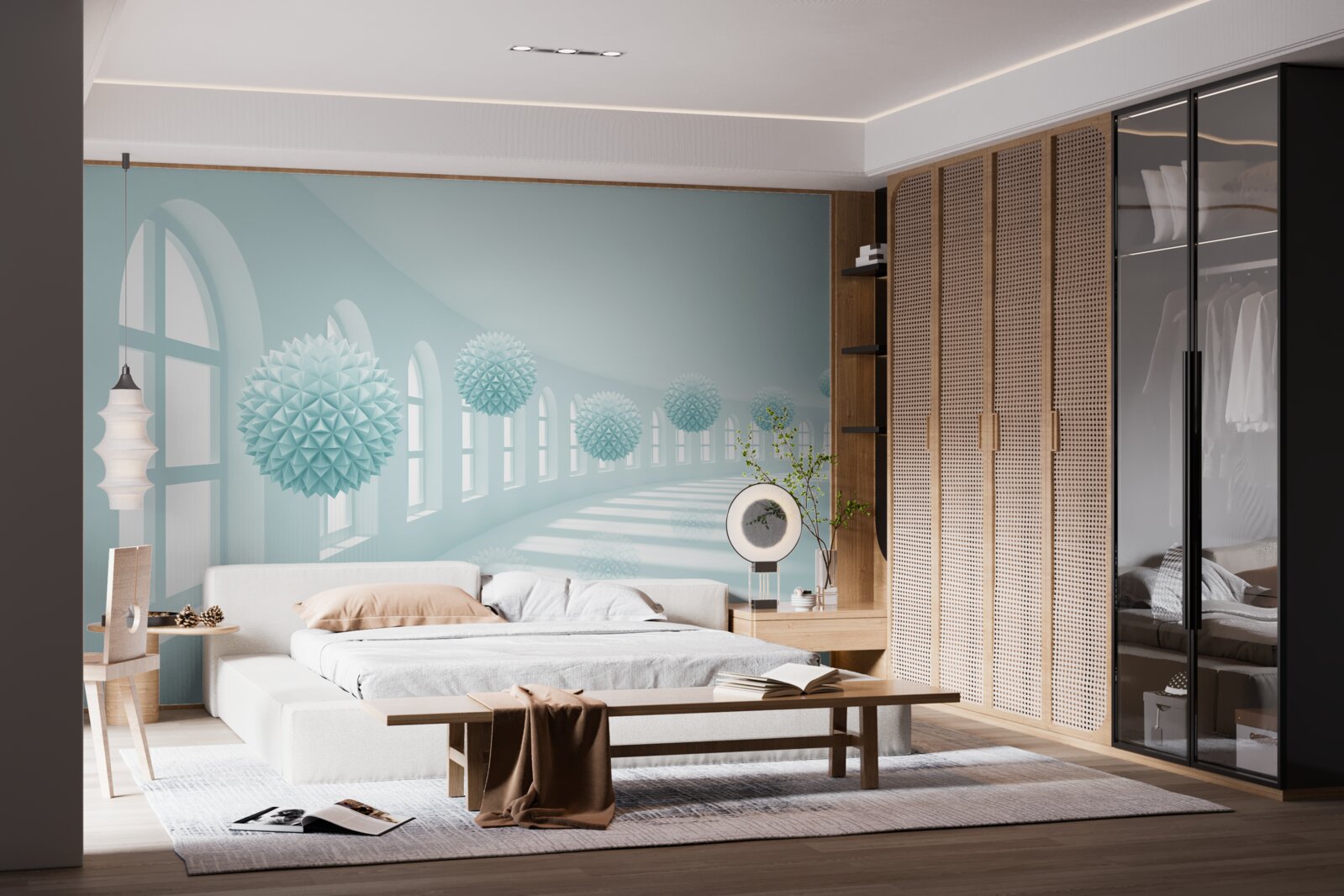 Fotobehang gangpad met ramen en blauwe ballen