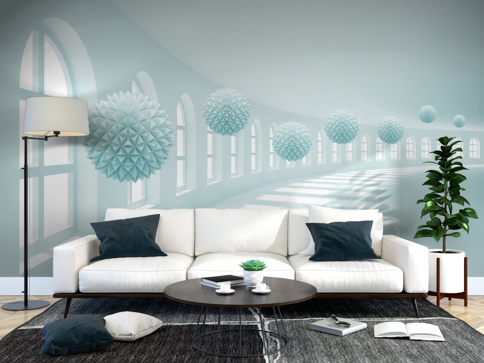 Fotobehang gangpad met ramen en blauwe ballen