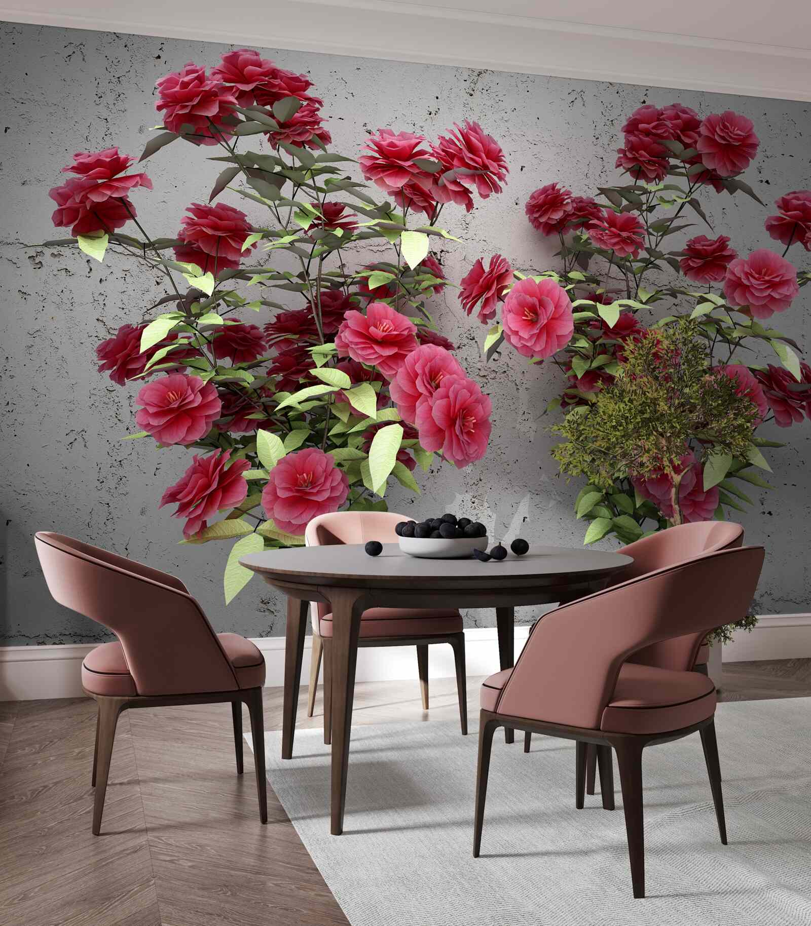 Fotobehang roze bloemen met groene bladeren