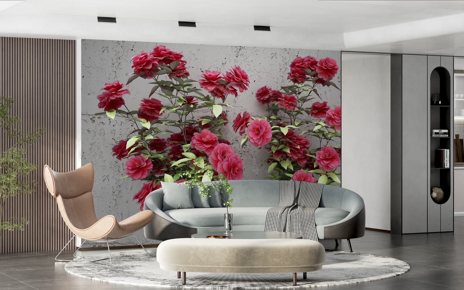 Fotobehang roze bloemen met groene bladeren