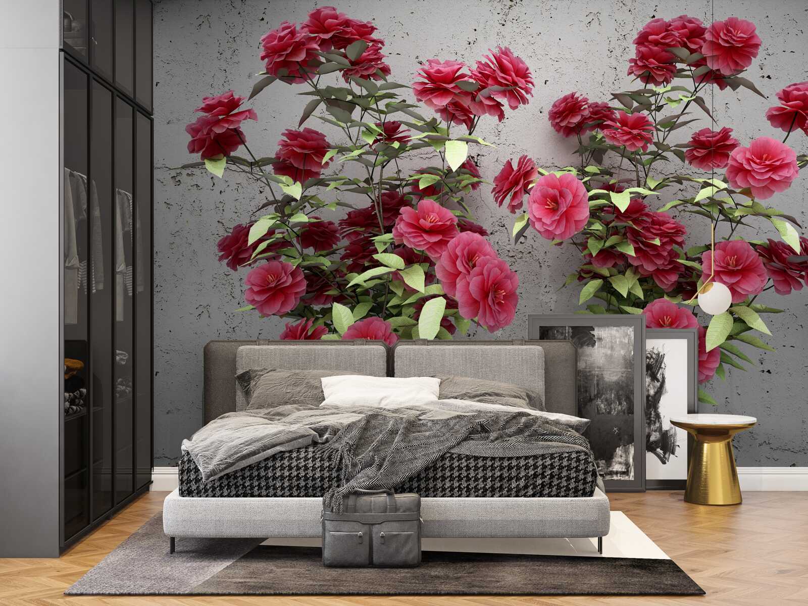 Fotobehang roze bloemen met groene bladeren