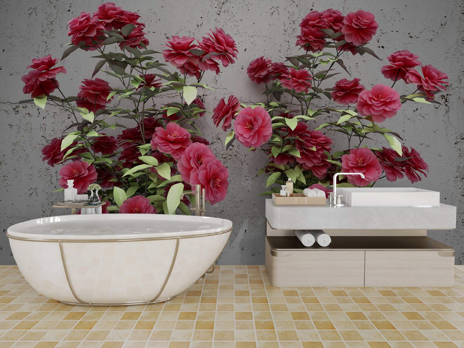 Fotobehang roze bloemen met groene bladeren