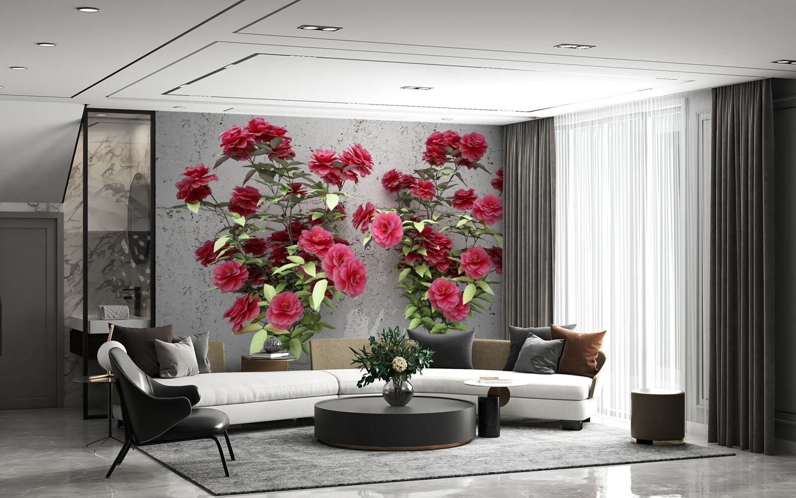 Fotobehang roze bloemen met groene bladeren