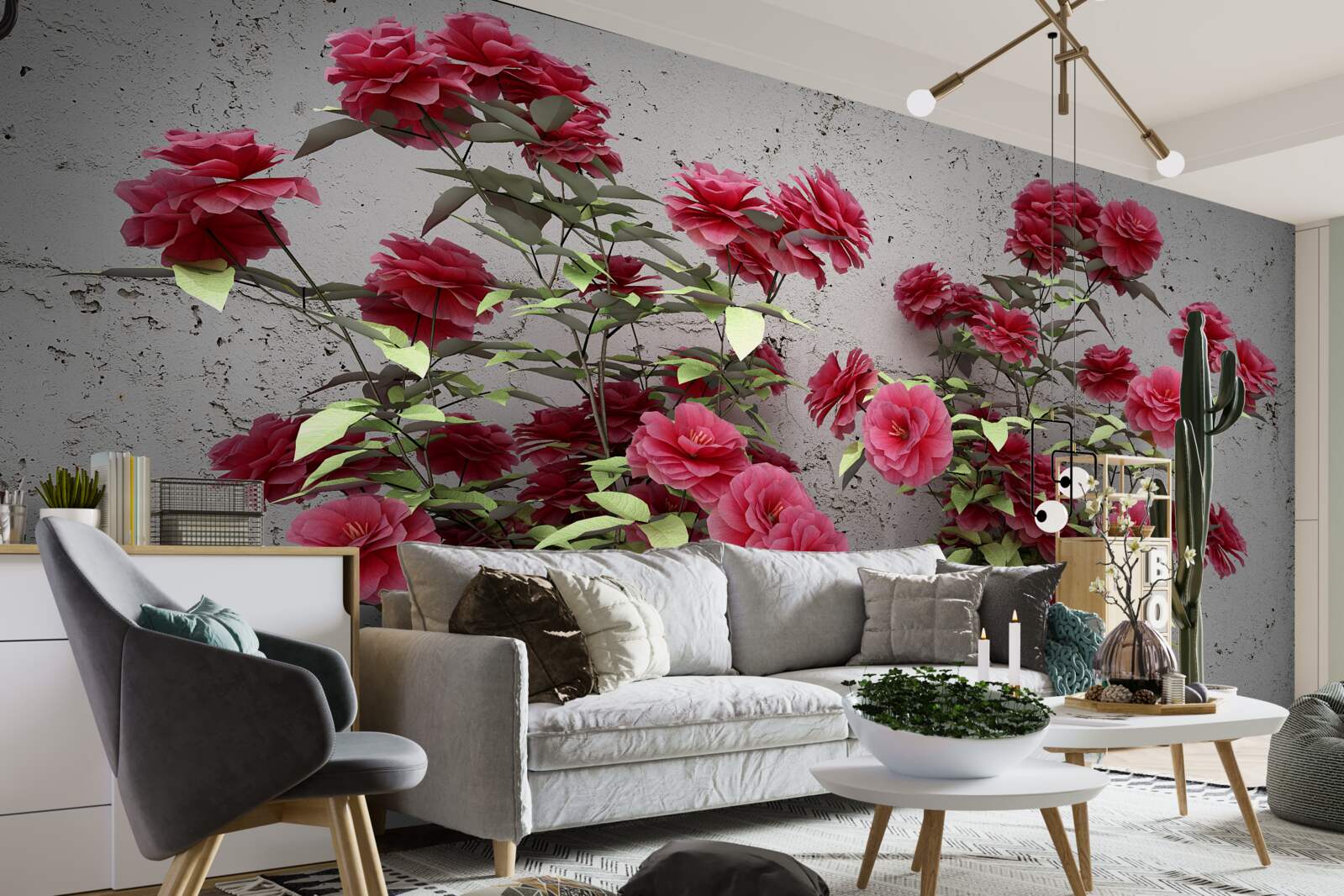 Fotobehang roze bloemen met groene bladeren