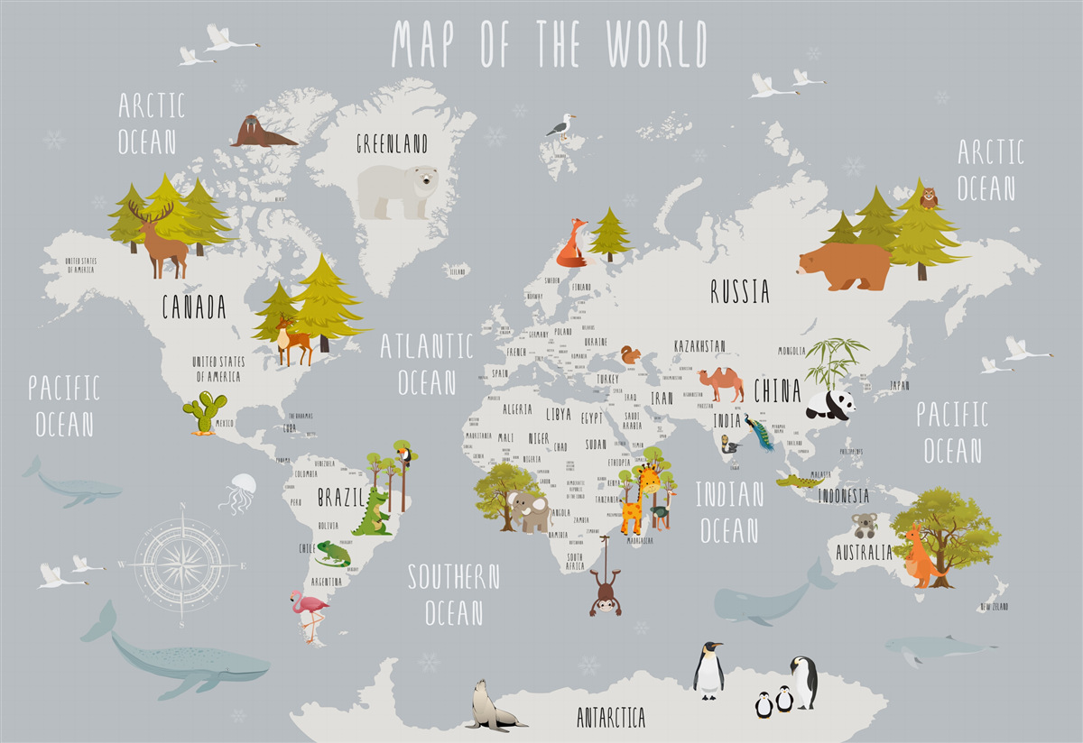 Fotobehang vertegenwoordigers van fauna en flora op een kaart van de aarde