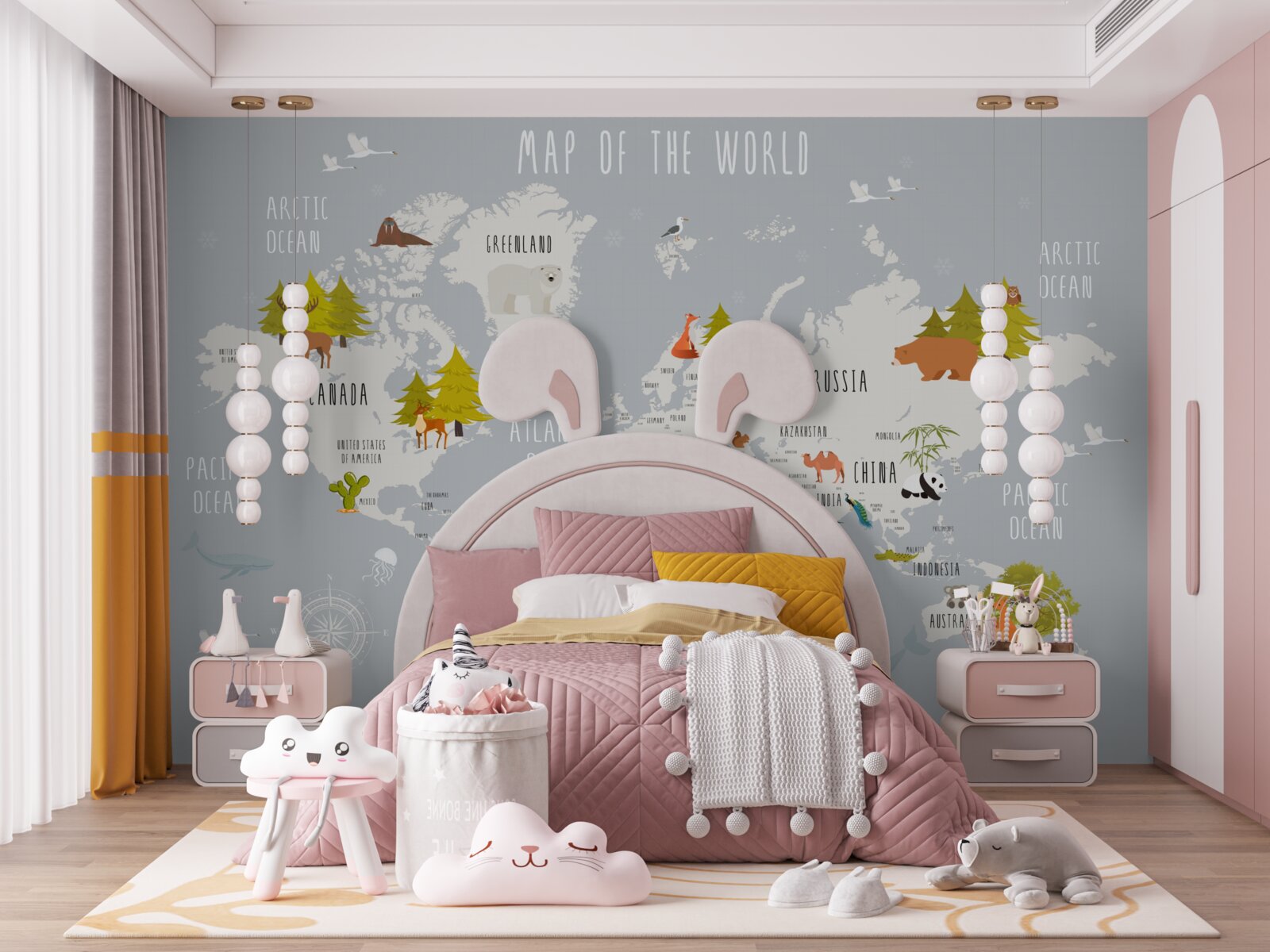 Fotobehang vertegenwoordigers van fauna en flora op een kaart van de aarde