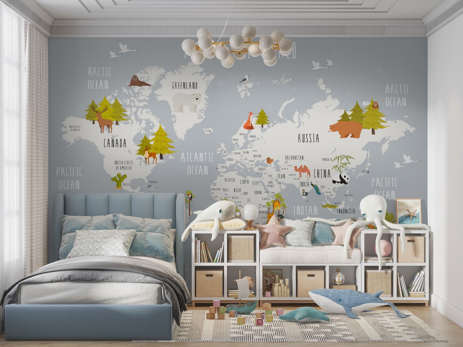 Fotobehang vertegenwoordigers van fauna en flora op een kaart van de aarde