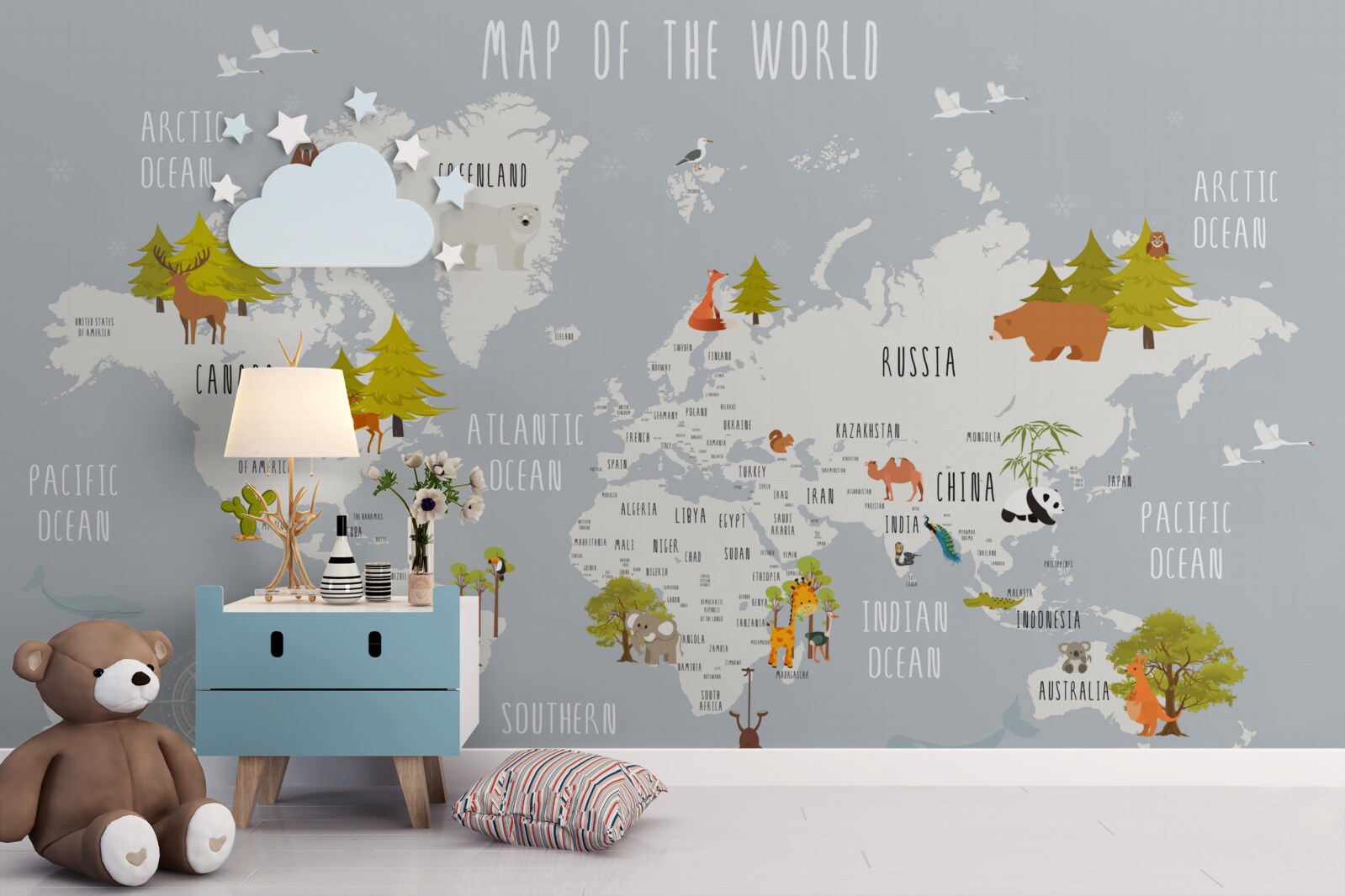 Fotobehang vertegenwoordigers van fauna en flora op een kaart van de aarde