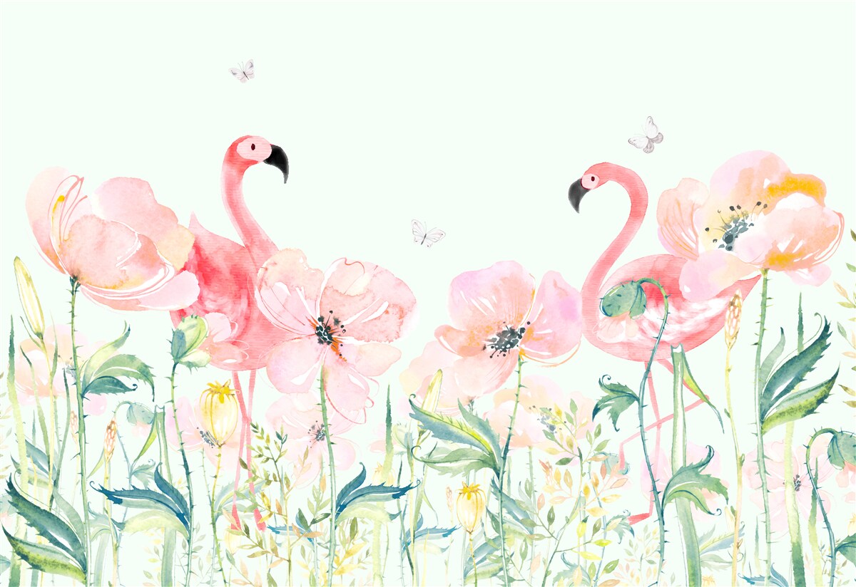 Fotobehang roze flamingo tussen bijpassende bloemen