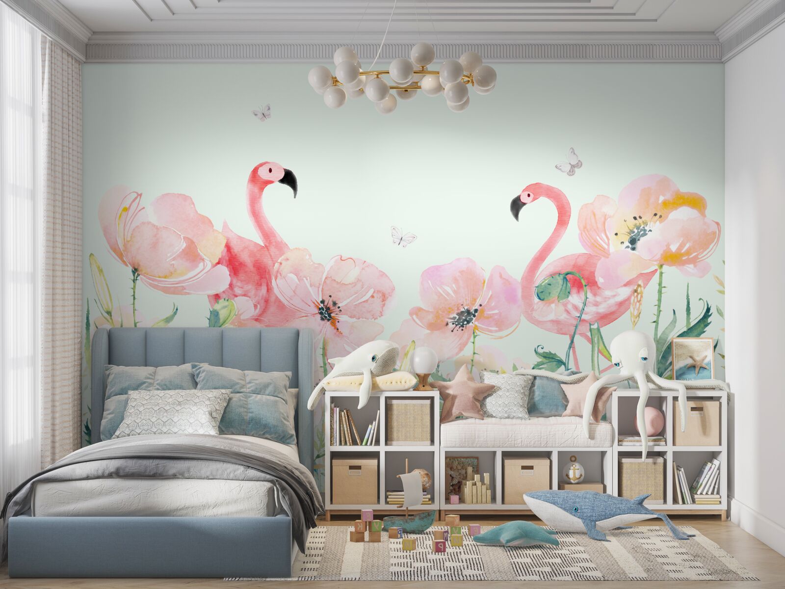 Fotobehang roze flamingo tussen bijpassende bloemen