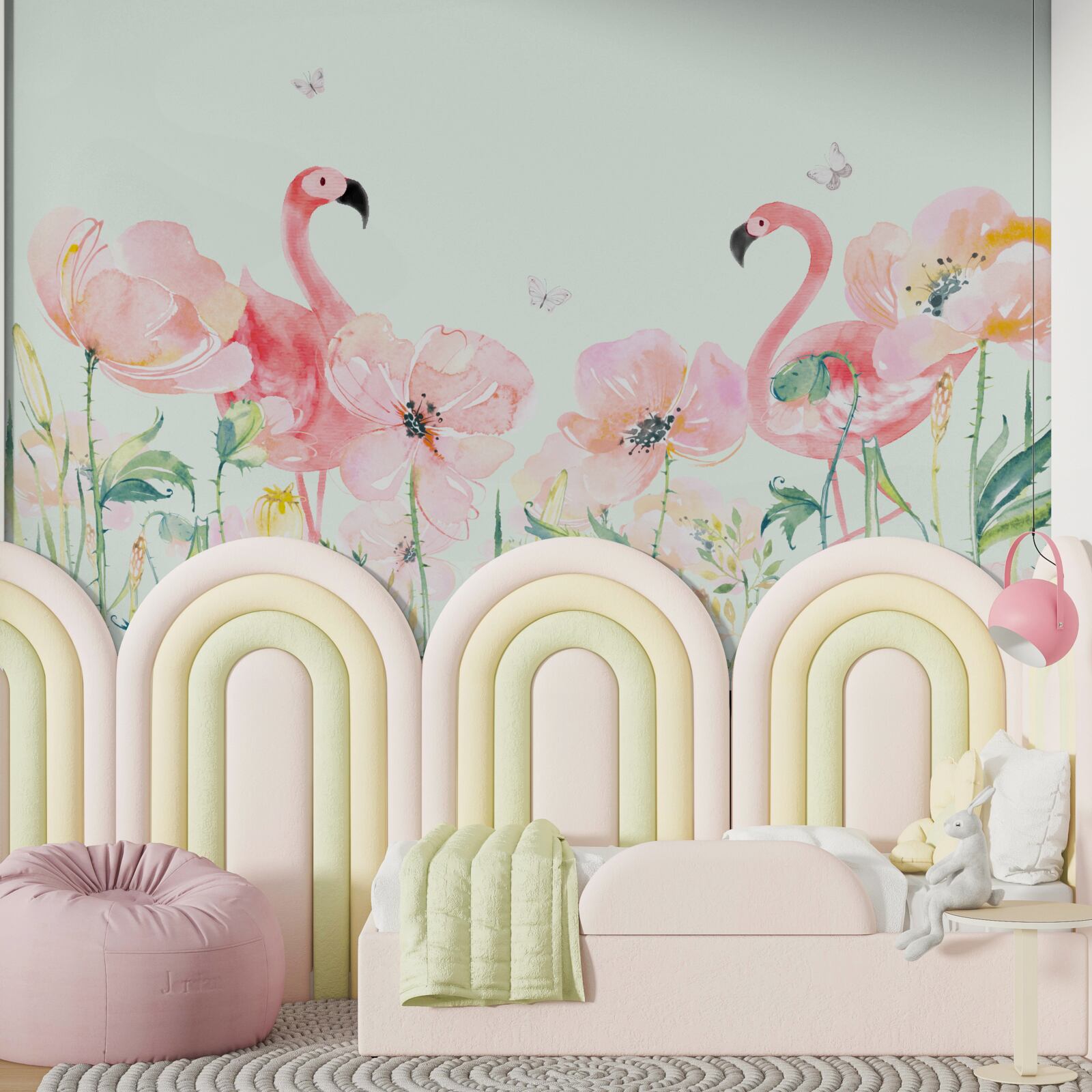 Fotobehang roze flamingo tussen bijpassende bloemen
