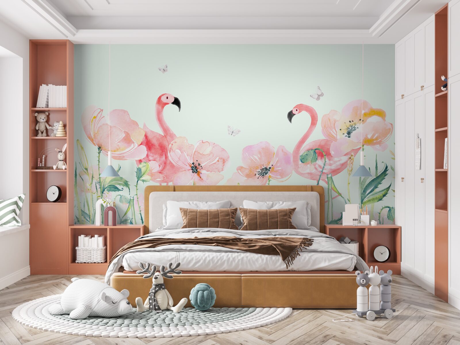 Fotobehang roze flamingo tussen bijpassende bloemen
