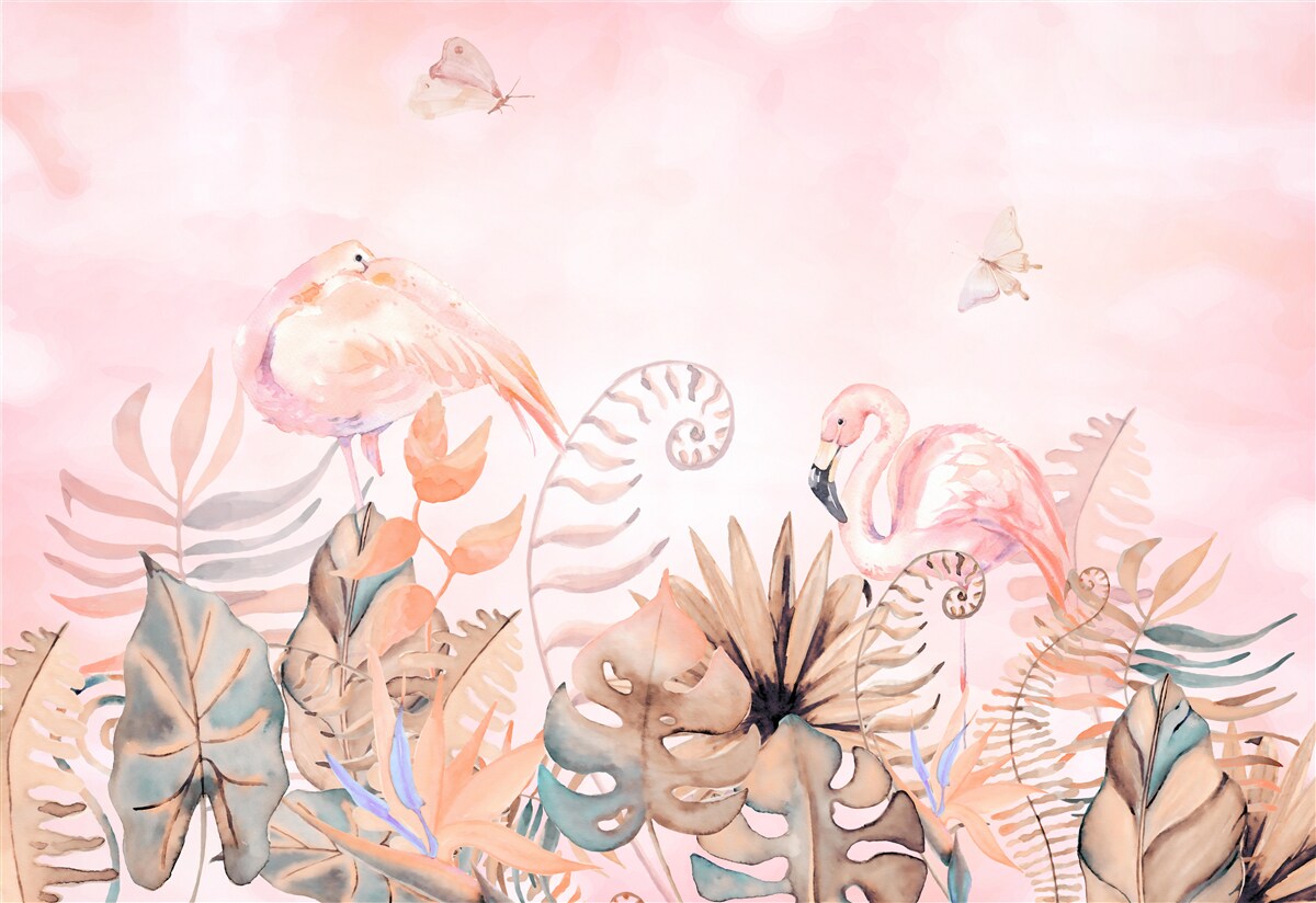 Fotobehang op de takken zitten roze flamingo's