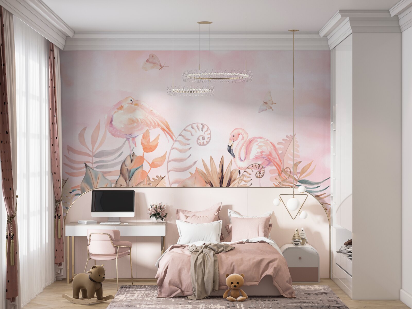 Fotobehang op de takken zitten roze flamingo's