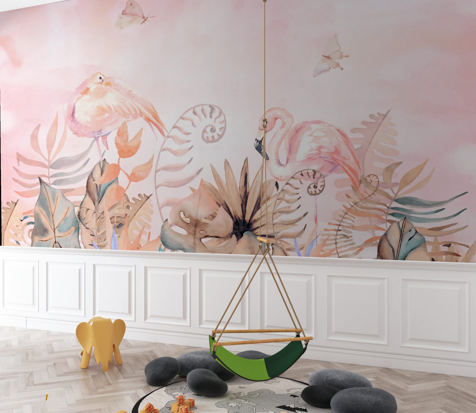 Fotobehang op de takken zitten roze flamingo's