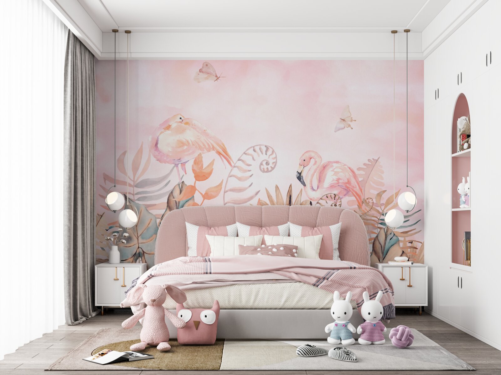 Fotobehang op de takken zitten roze flamingo's