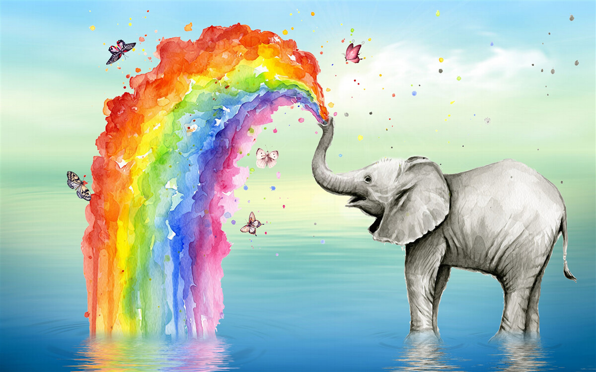 Fotobehang een regenboog vliegt uit de slurf van een olifant