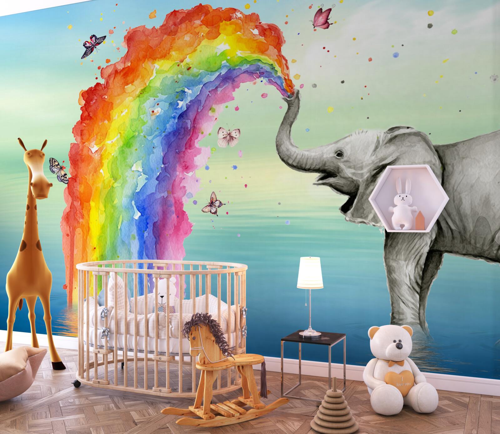 Fotobehang een regenboog vliegt uit de slurf van een olifant