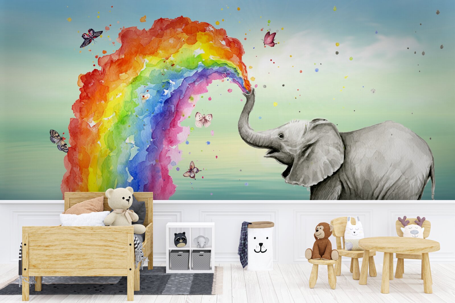 Fotobehang een regenboog vliegt uit de slurf van een olifant