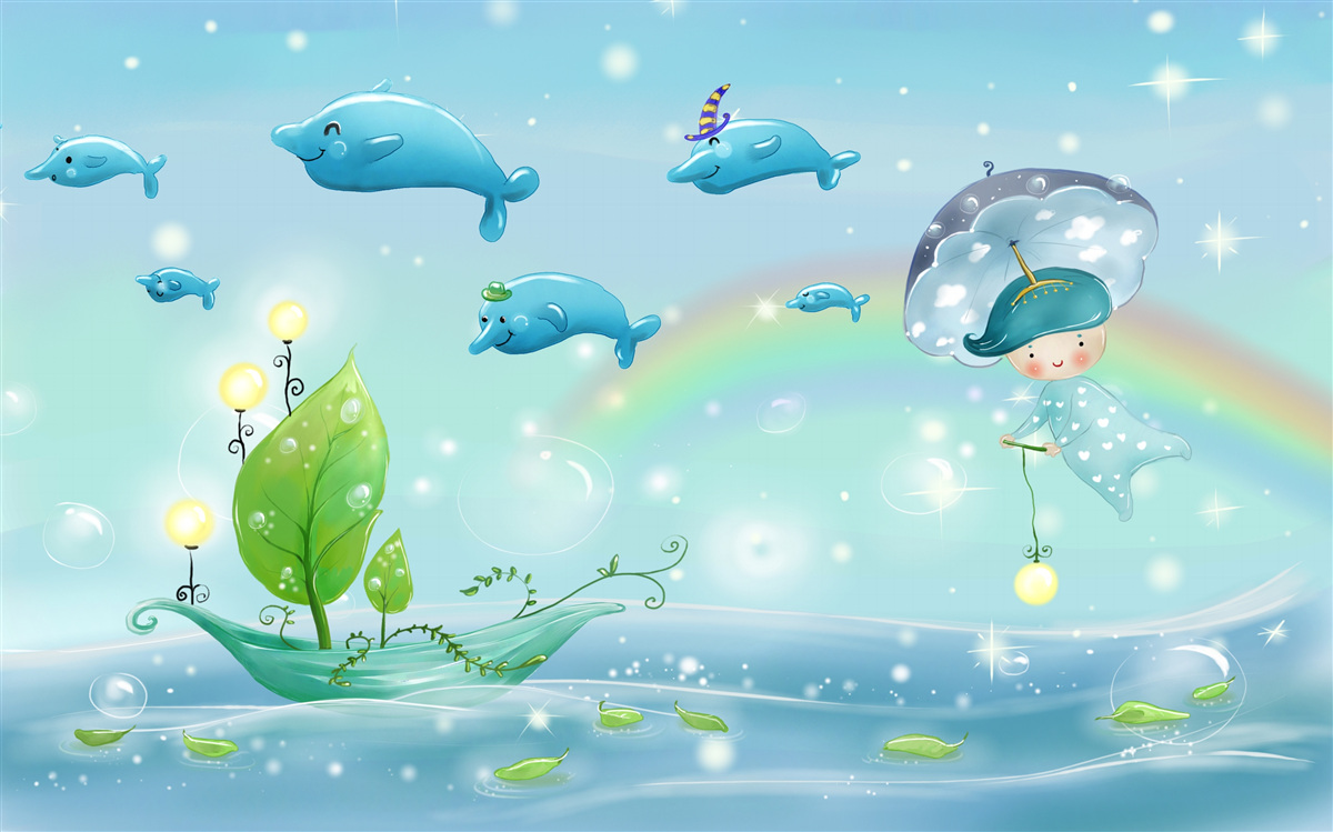 Fotobehang een kind met een paraplu vliegt met dolfijnen over het wateroppervlak