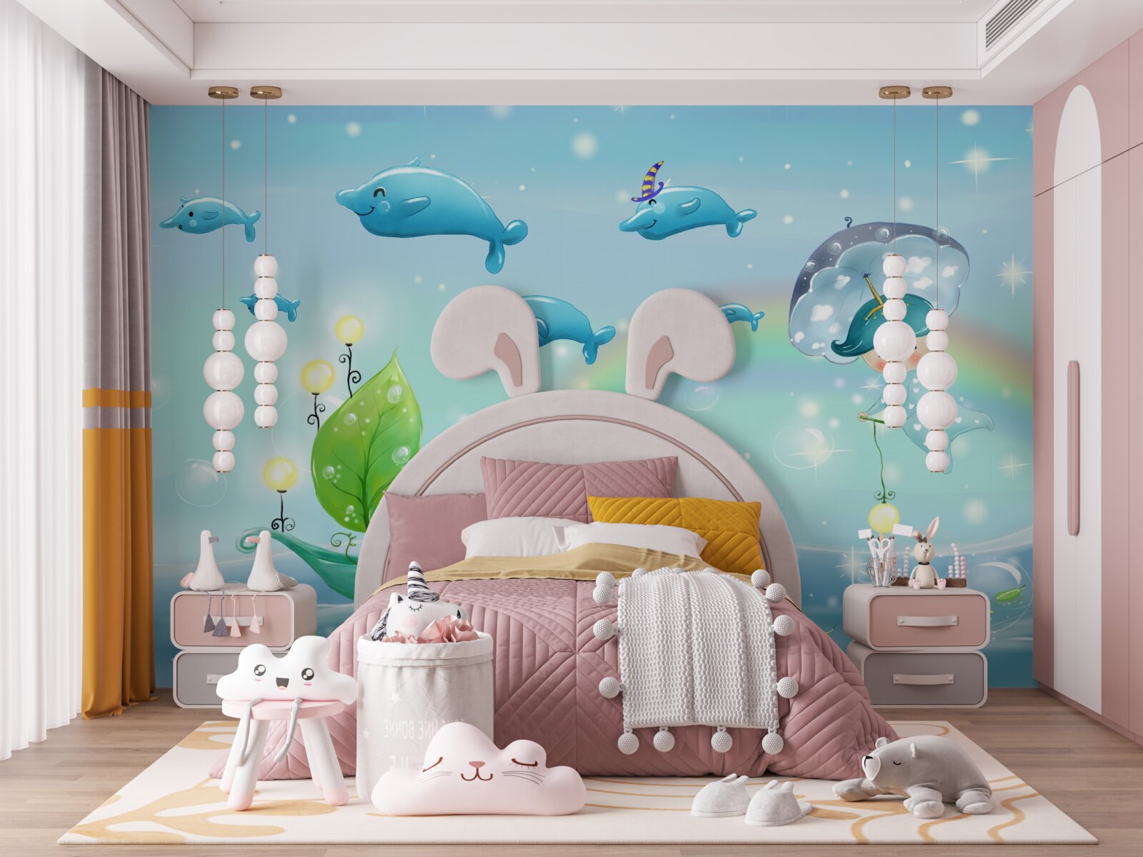 Fotobehang een kind met een paraplu vliegt met dolfijnen over het wateroppervlak