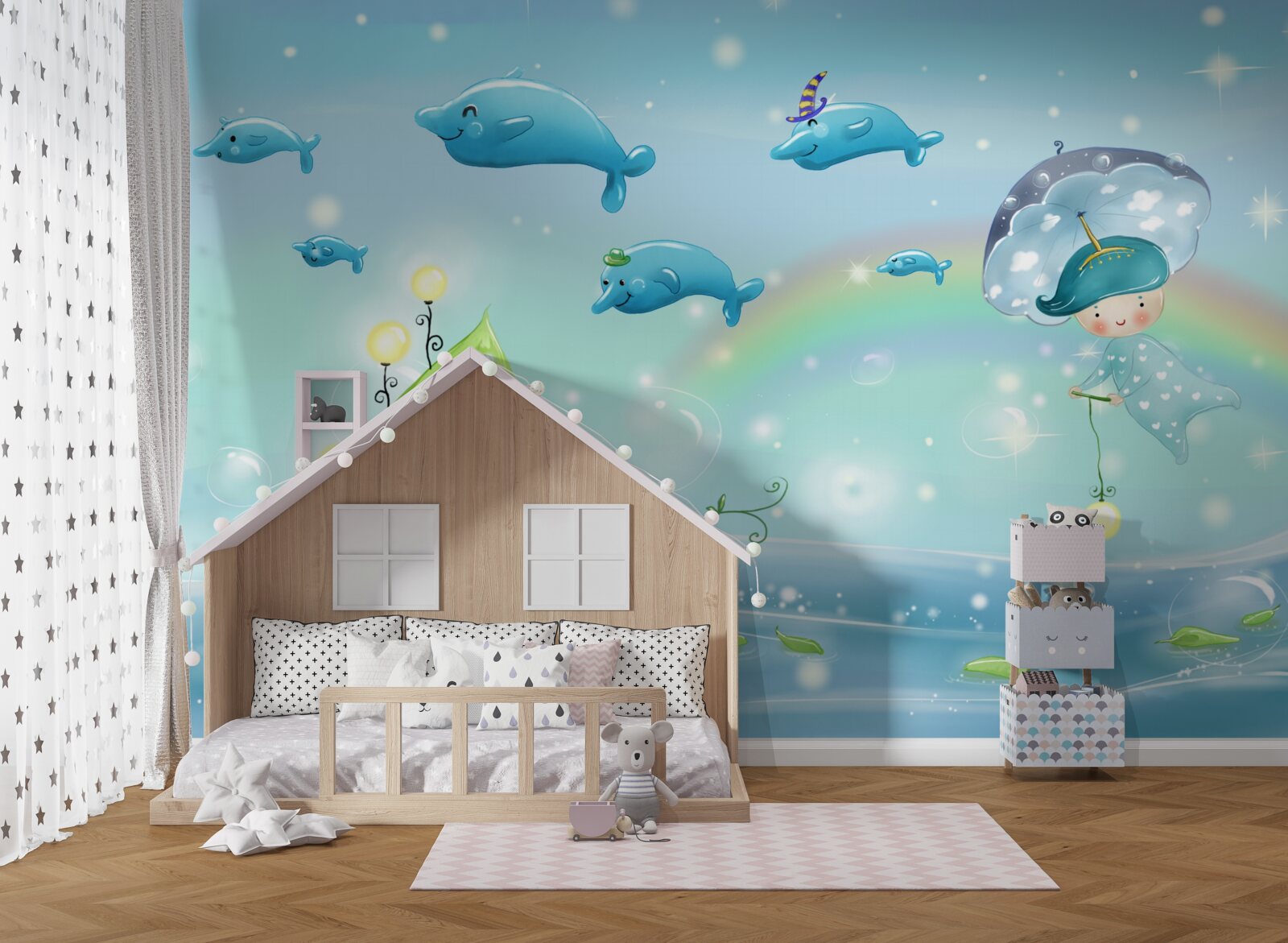 Fotobehang een kind met een paraplu vliegt met dolfijnen over het wateroppervlak