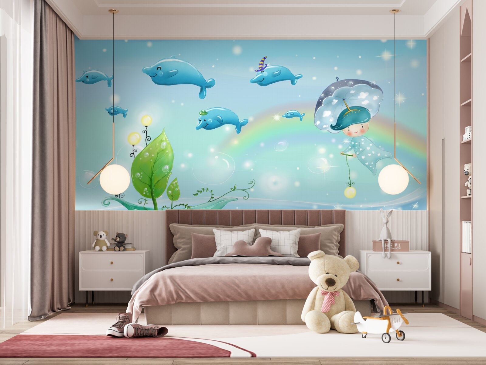 Fotobehang een kind met een paraplu vliegt met dolfijnen over het wateroppervlak