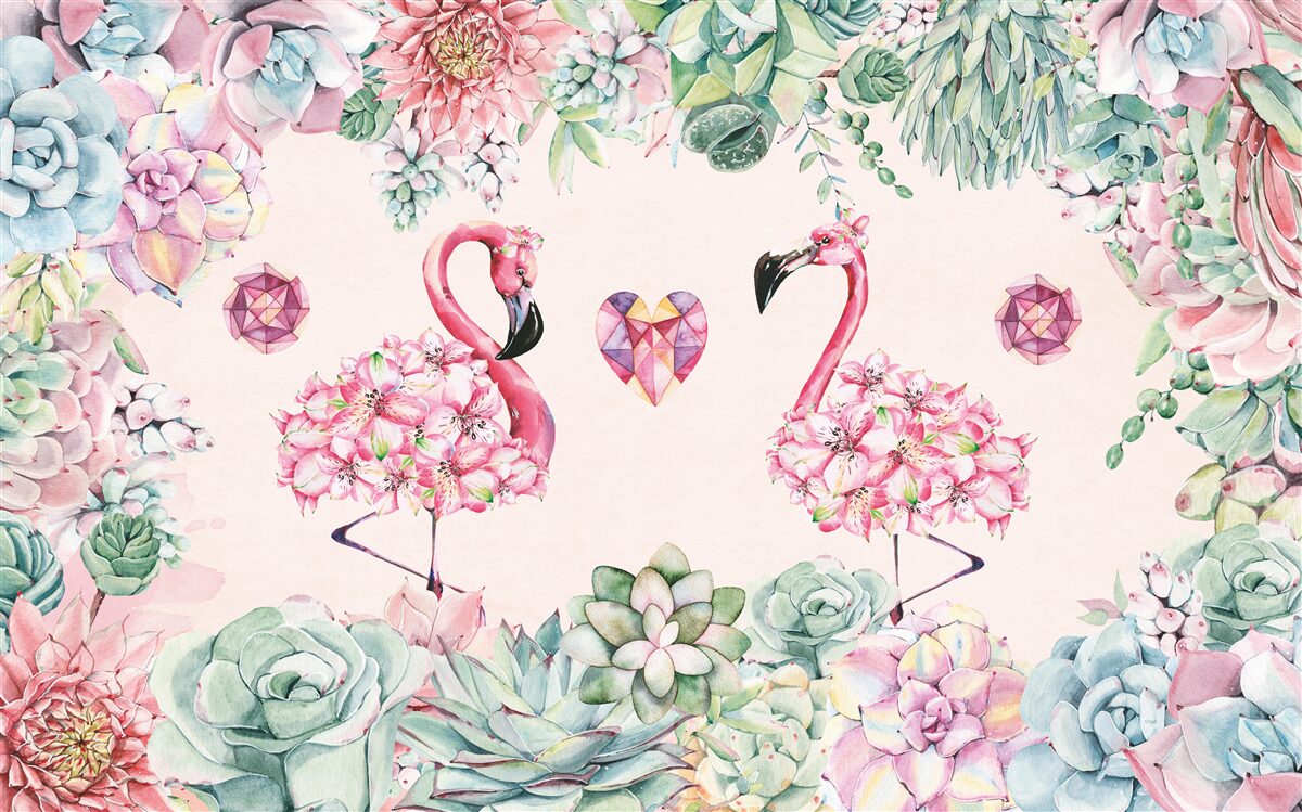 Fotobehang twee roze flamingo's tussen groen en bloemen