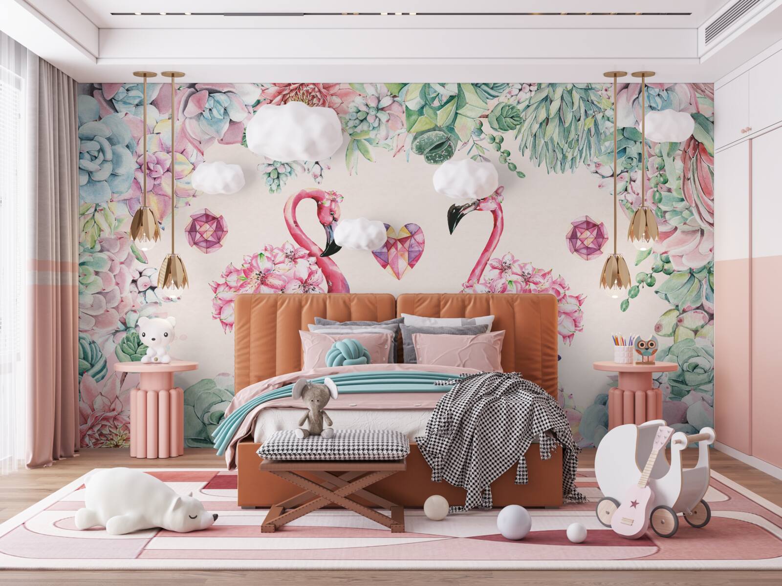 Fotobehang twee roze flamingo's tussen groen en bloemen