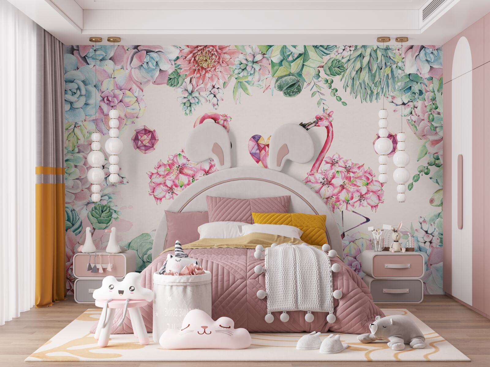 Fotobehang twee roze flamingo's tussen groen en bloemen