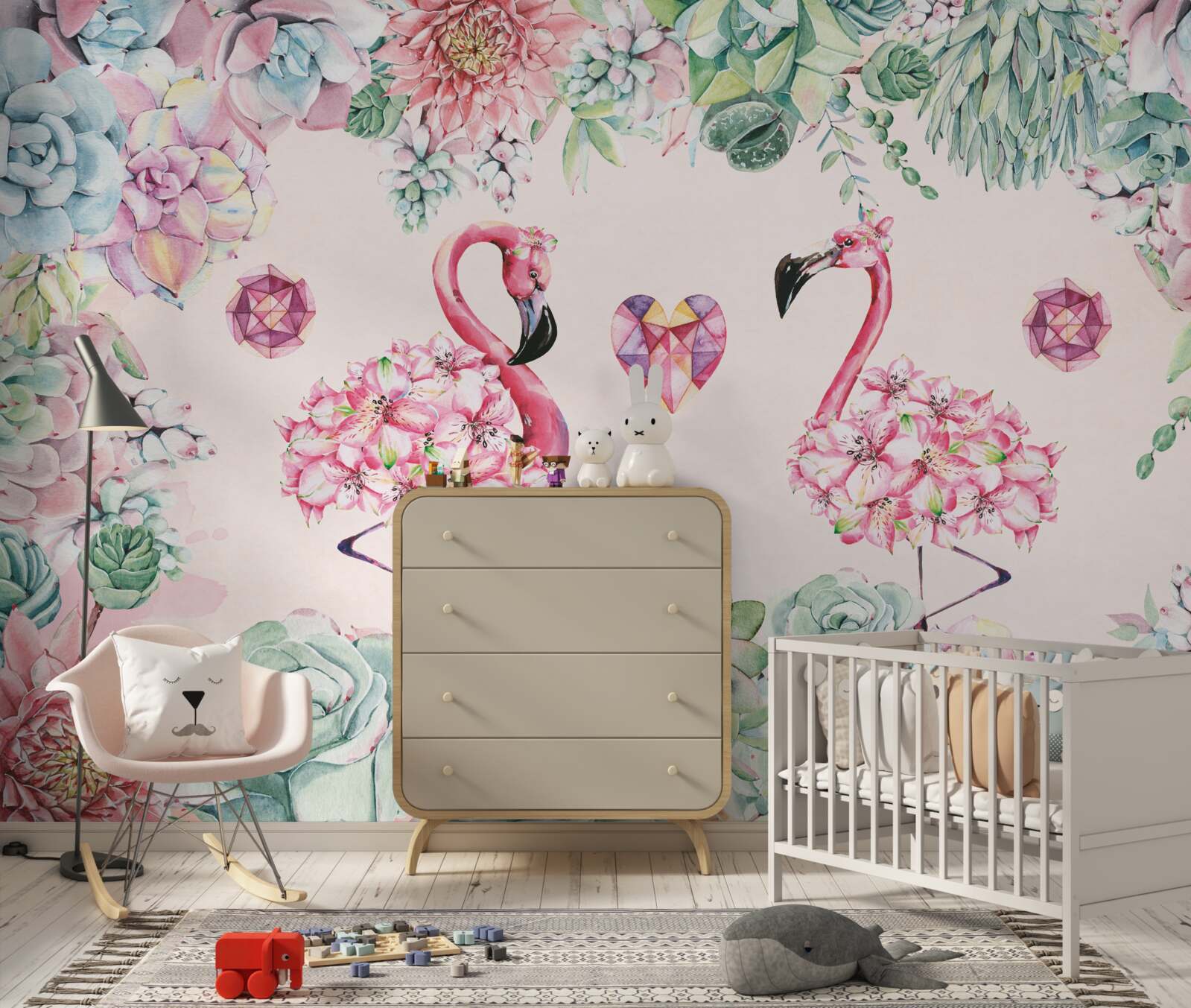 Fotobehang twee roze flamingo's tussen groen en bloemen