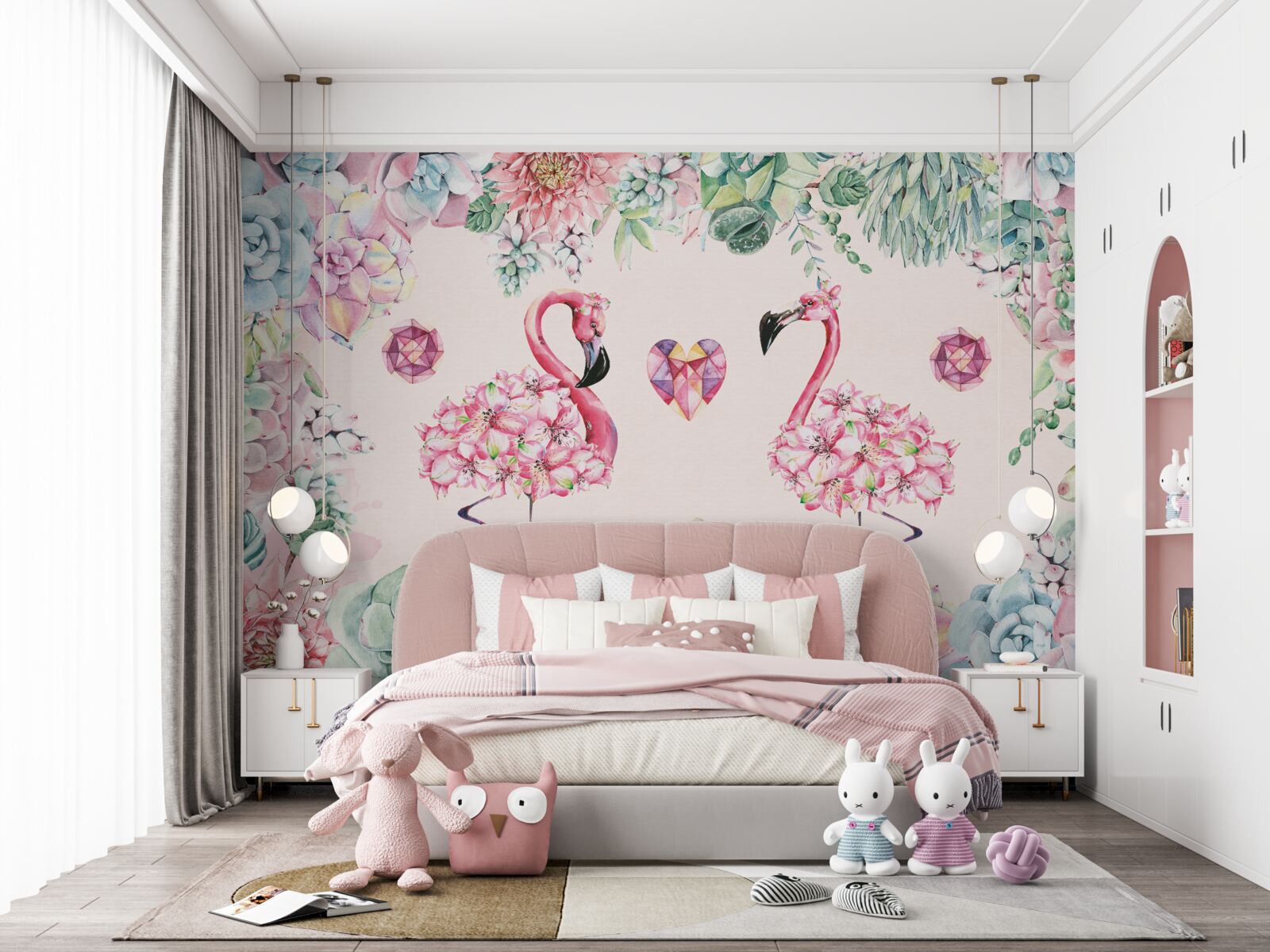 Fotobehang twee roze flamingo's tussen groen en bloemen