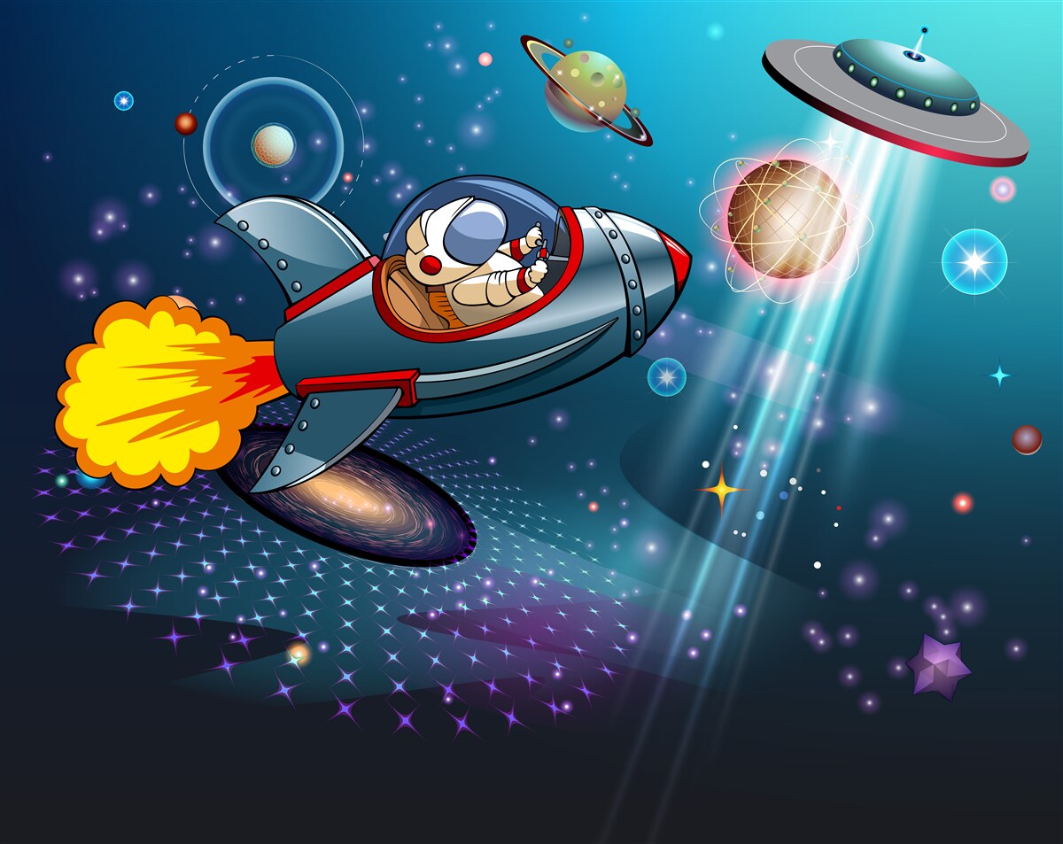 Fotobehang astronaut reist per raket de afgrond van de ruimte in