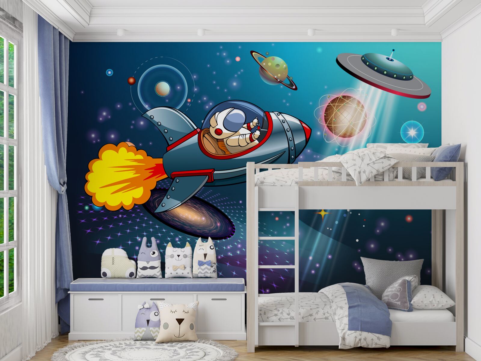 Fotobehang astronaut reist per raket de afgrond van de ruimte in