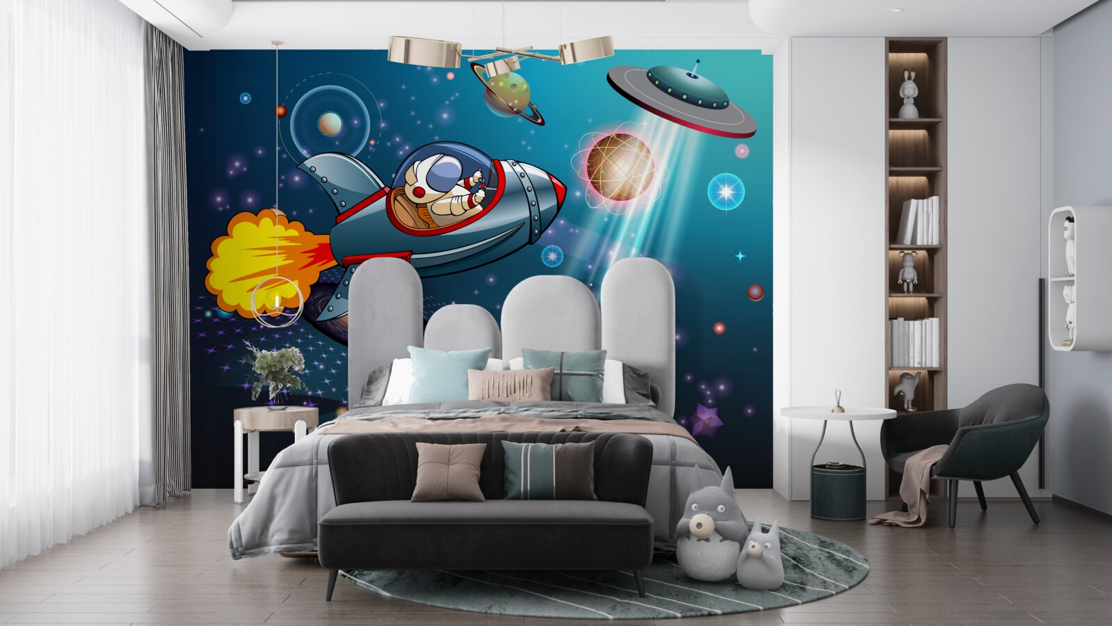 Fotobehang astronaut reist per raket de afgrond van de ruimte in