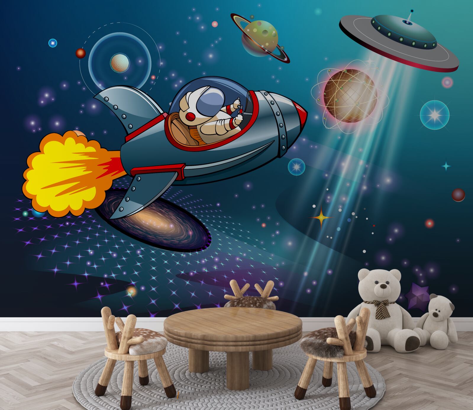 Fotobehang astronaut reist per raket de afgrond van de ruimte in