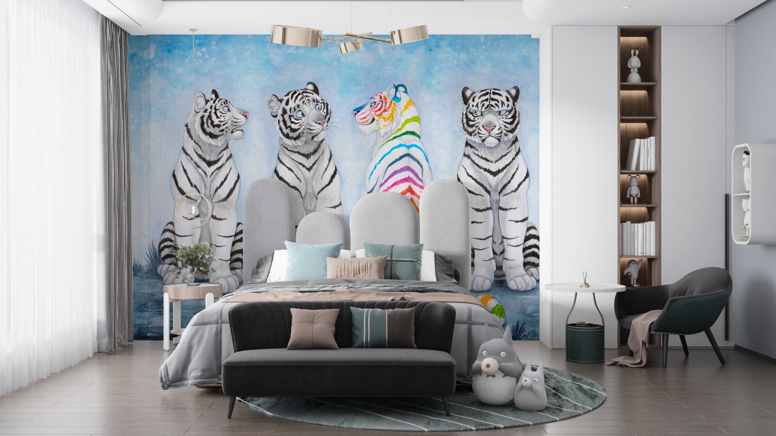 Fotobehang een tijger en drie witte tijgers