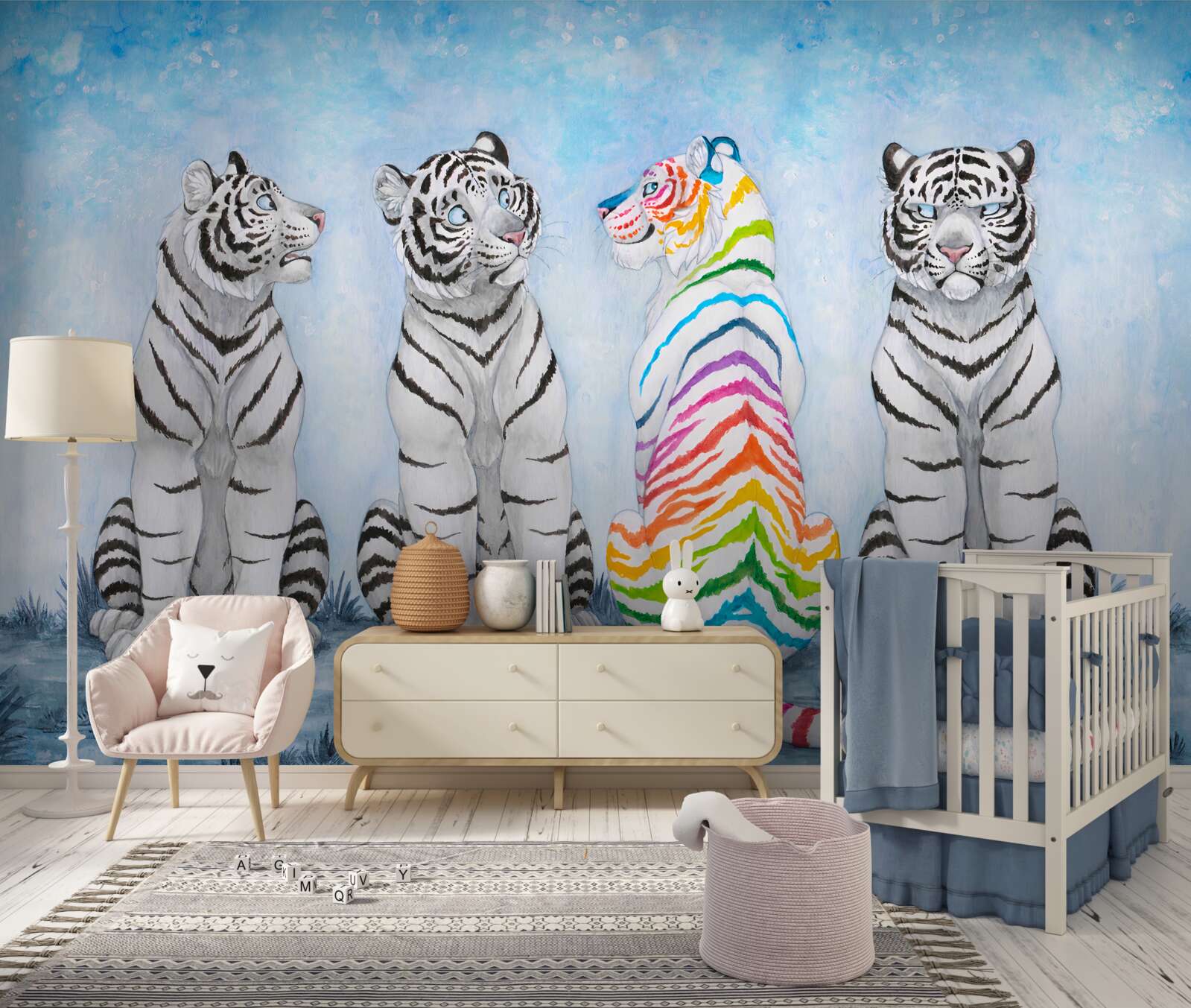 Fotobehang een tijger en drie witte tijgers