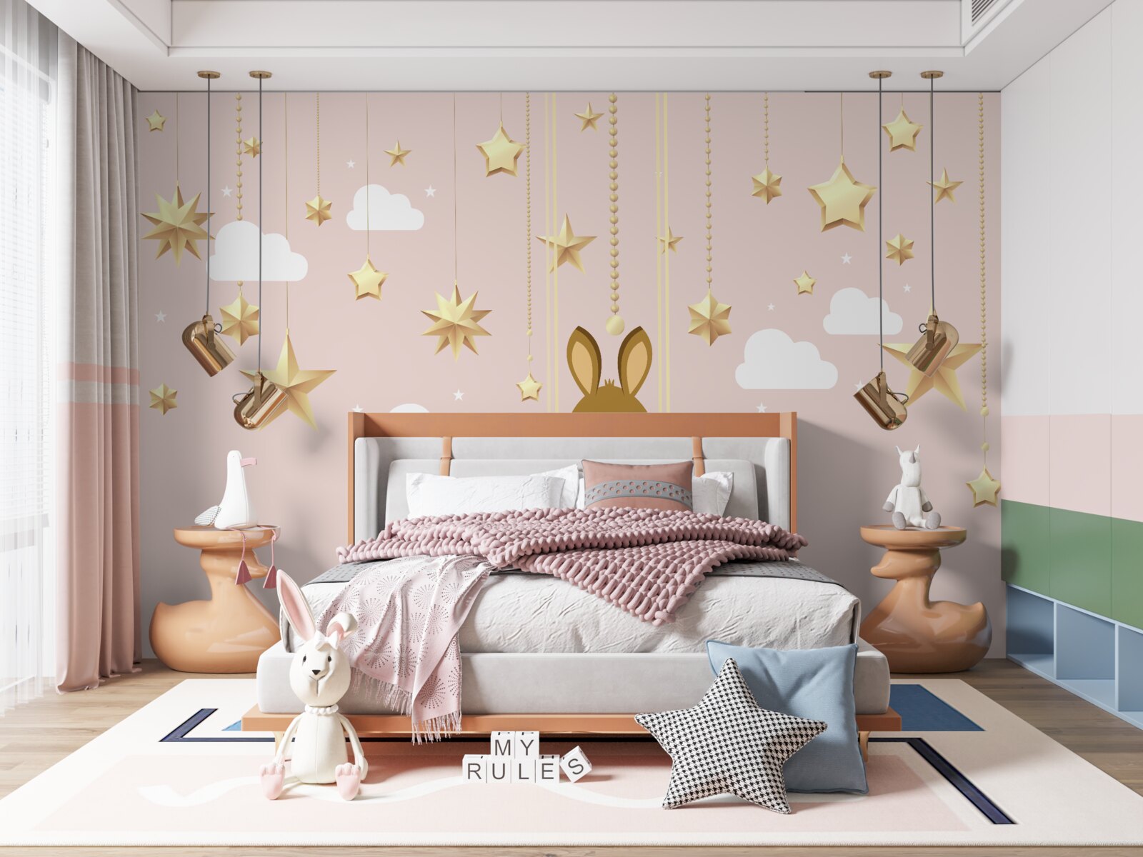 Fotobehang een konijntje schommelt op een wortelschommel