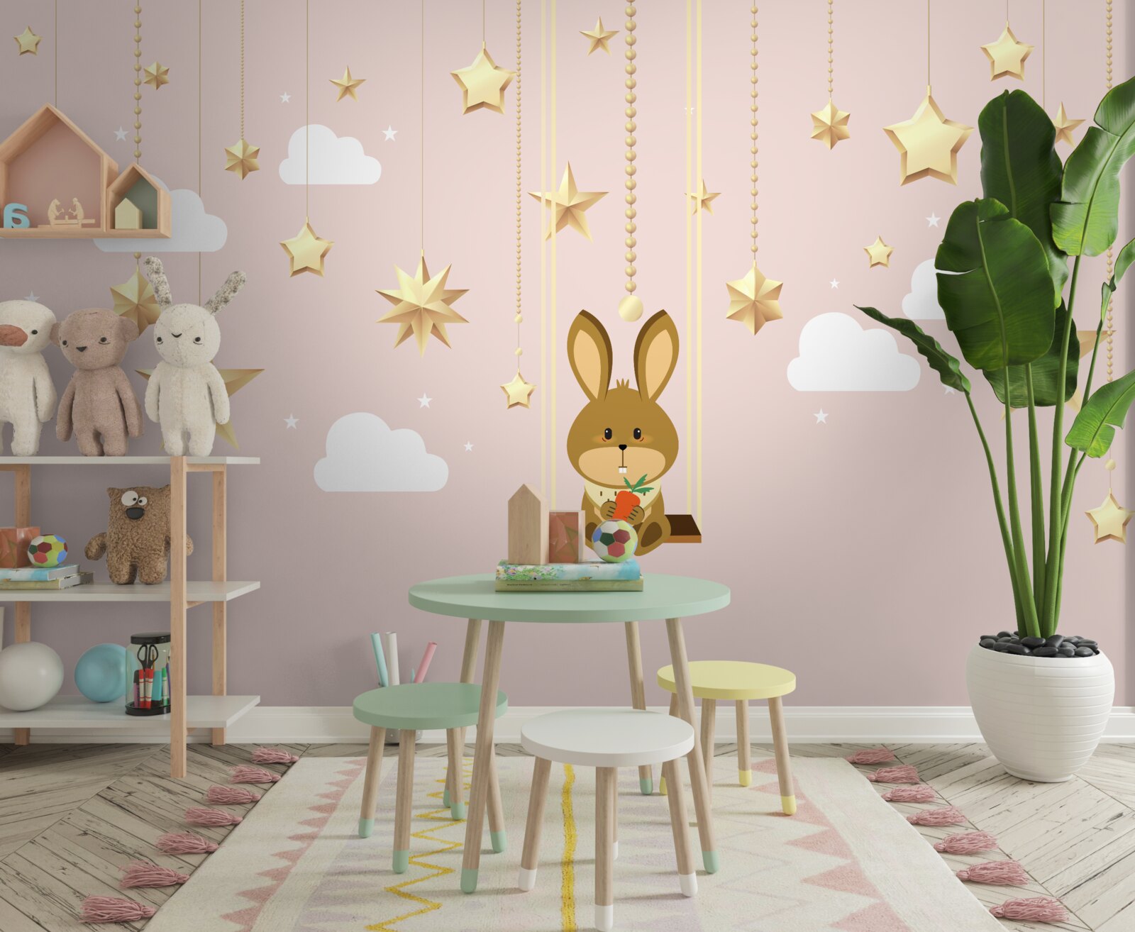 Fotobehang een konijntje schommelt op een wortelschommel