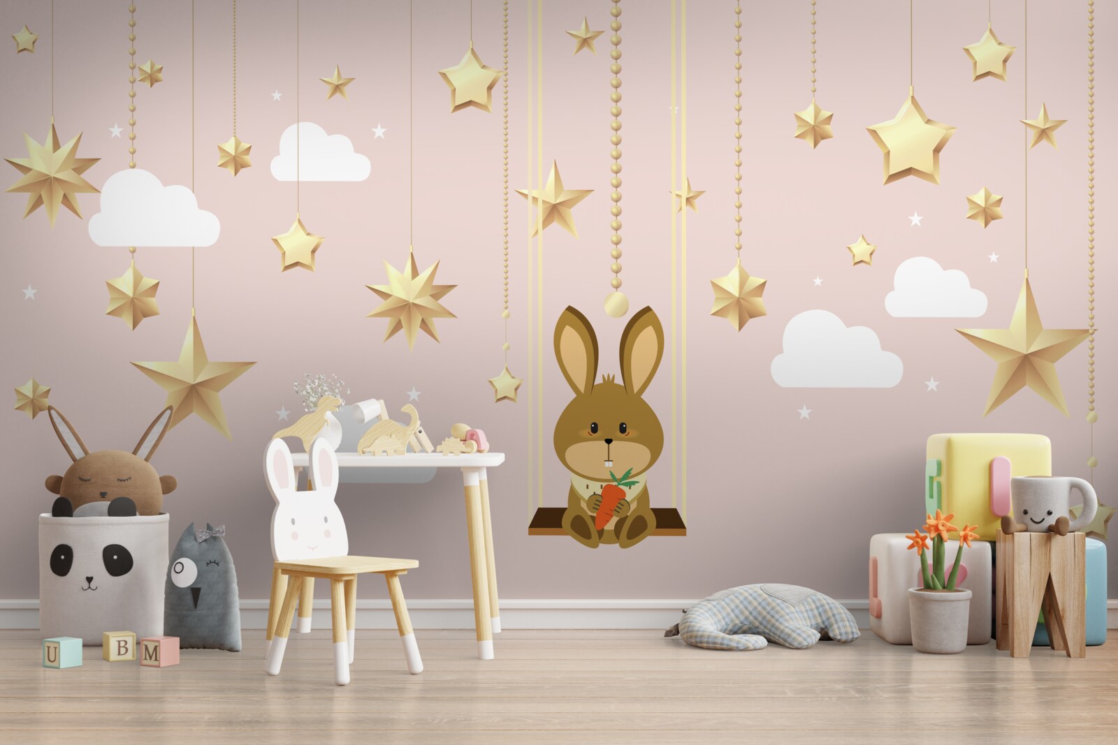 Fotobehang een konijntje schommelt op een wortelschommel