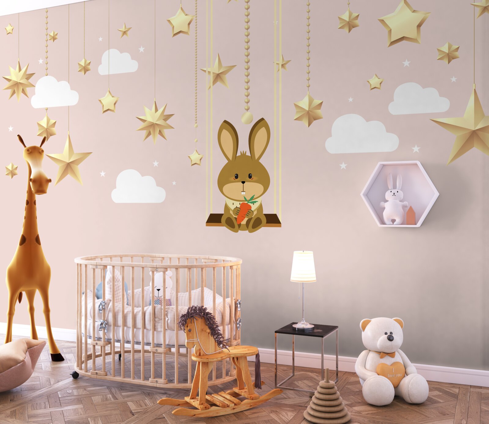 Fotobehang een konijntje schommelt op een wortelschommel