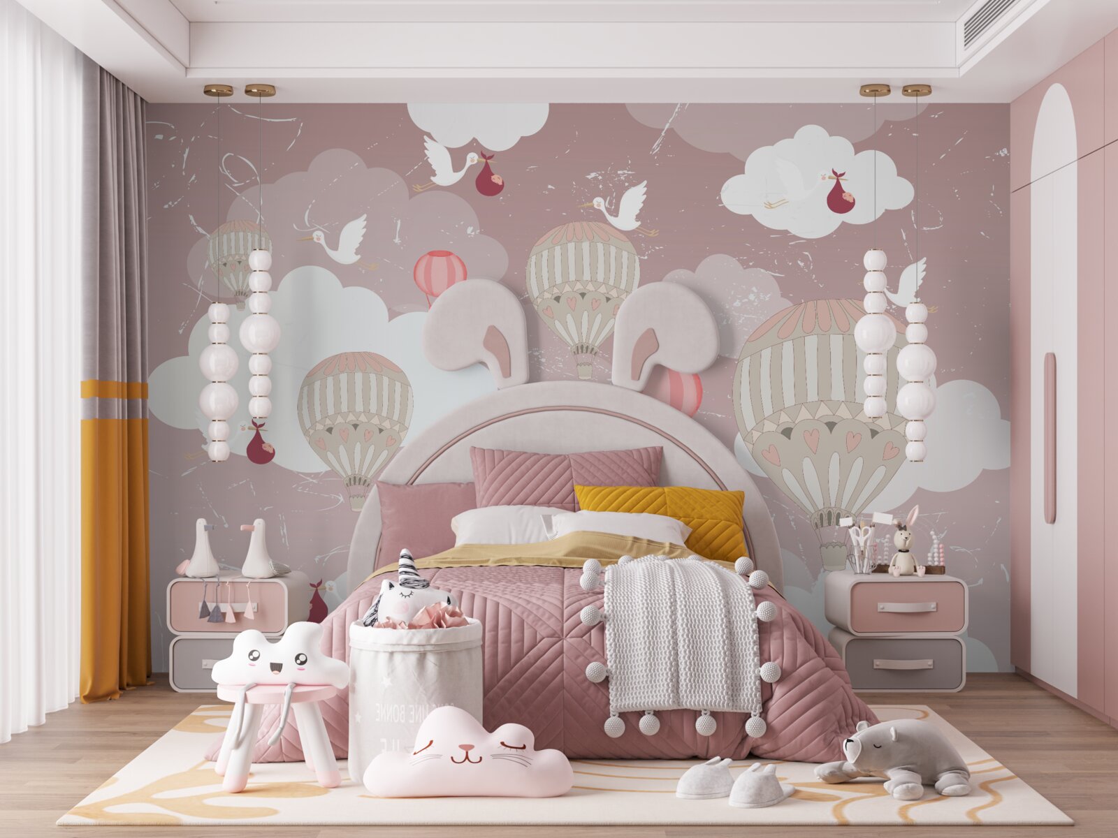 Fotobehang tussen ballonnen brengen ooievaars kinderen