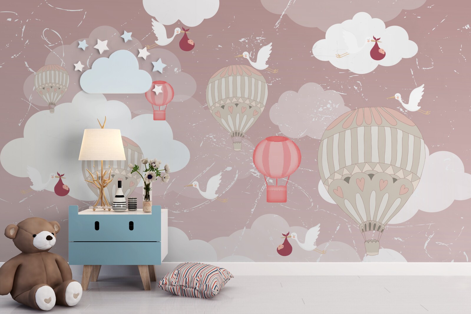 Fotobehang tussen ballonnen brengen ooievaars kinderen